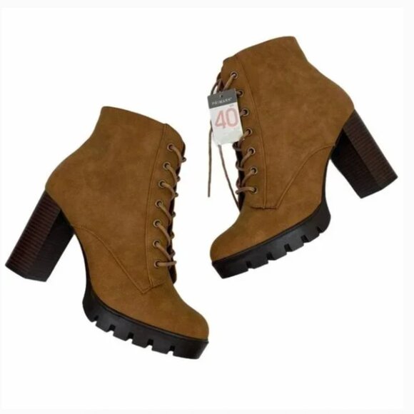 NEW Platform Chunky Heel Lace Up Brown Suede Leather Combat Boots US 9 EU 40 - Picture 1 of 7